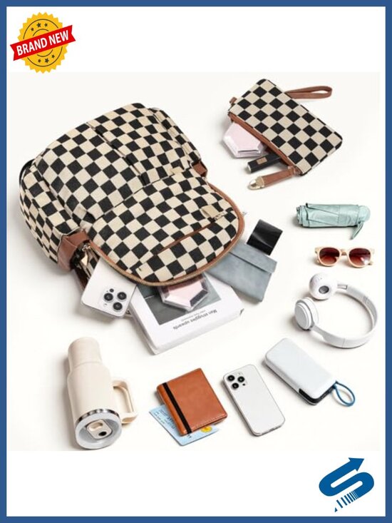 Canvas PU Leather Checkered Backpack Purse Laptop Travel Daypack